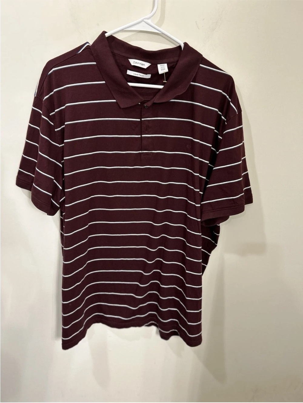 Calvin Klein Men's Maroon and White Striped Polo